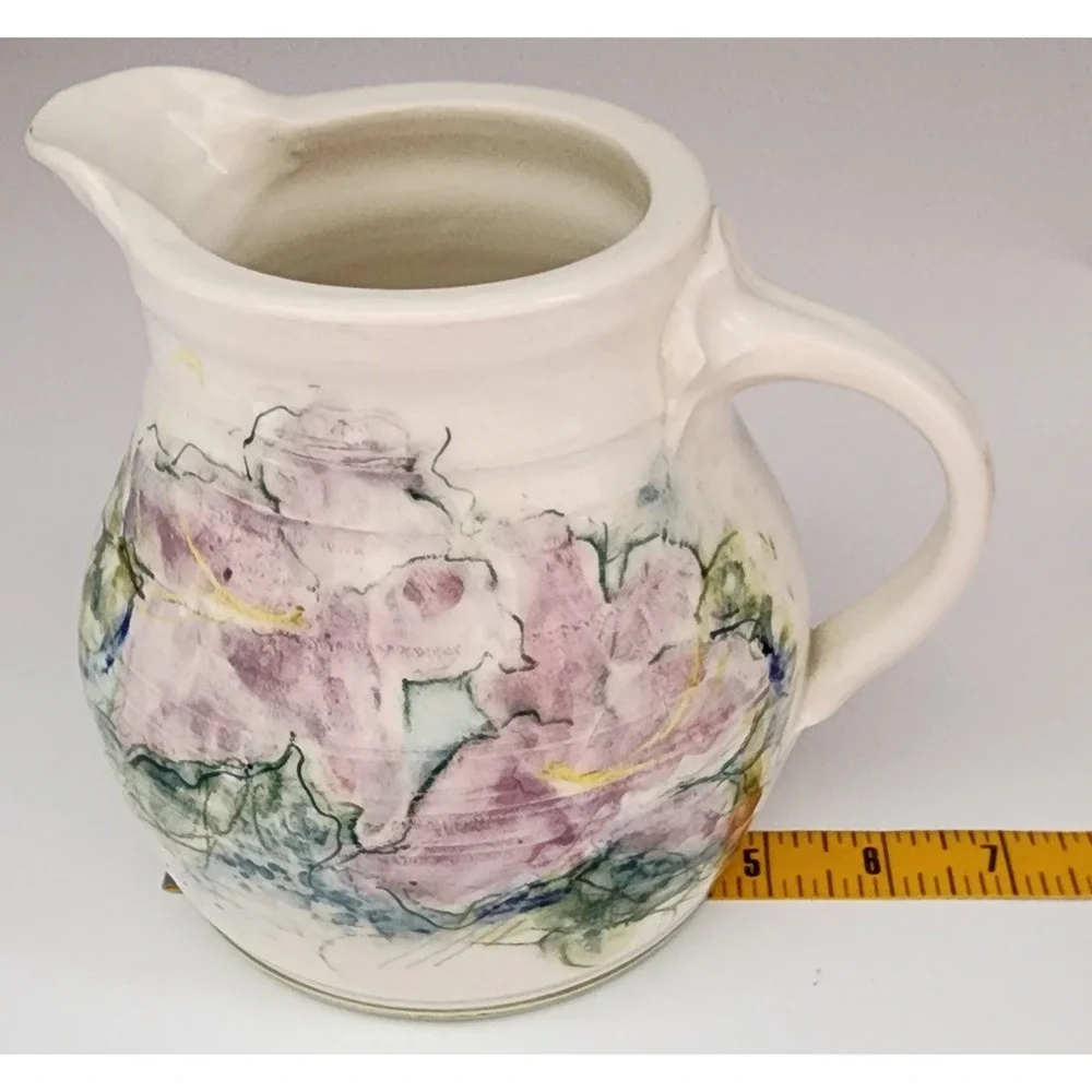 Studio Pottery Floral Pitcher Signed 1986 Cream Lavender Pink Excellent 6in